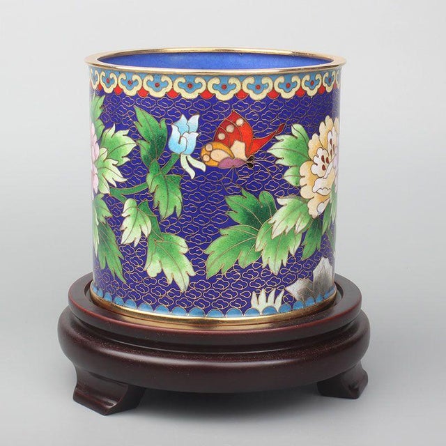 Metal Vintage Cloisonné Enamel Brush Pot / Pen Holder – Peony & Butterfly Motif, With Wood Stand & Box For Sale - Image 7 of 10