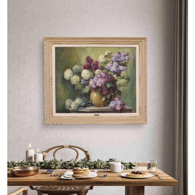 Antique flower paintings, vase of lilac, still life, oil painting on canvas, 20th century the old flower paintings...