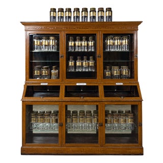 Antique 20th Century French Scumbled Pine & Glass Pharmacy Cabinet, 1900 For Sale