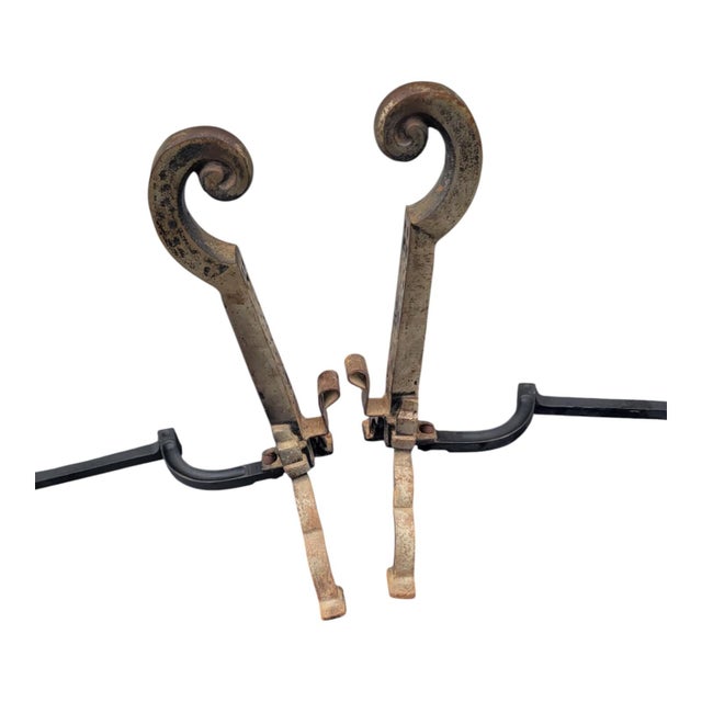 19th C Cast Iron Andirons Pierced Design Arched Legs Antique Fireplace Tools For Sale - Image 4 of 9