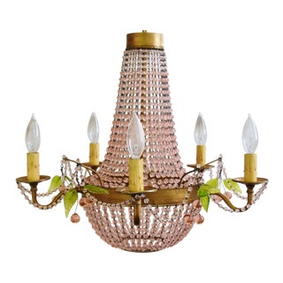 Pink Rose Beaded Parisian-Style 5-Arm Chandelier W/Glass Cherry Drops For Sale