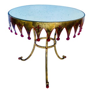 Italian Gilt Metal Round Harlequin Side, Table Mirrored Top For Sale