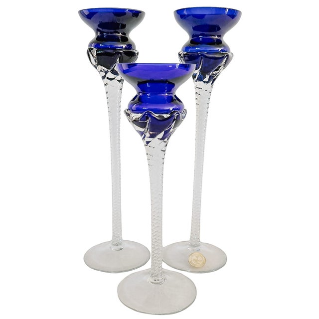 Vintage Romanian Cobalt Blue Hand-Blown Crystal Candlesticks With Twisted Stems – Set of 3 For Sale - Image 4 of 9
