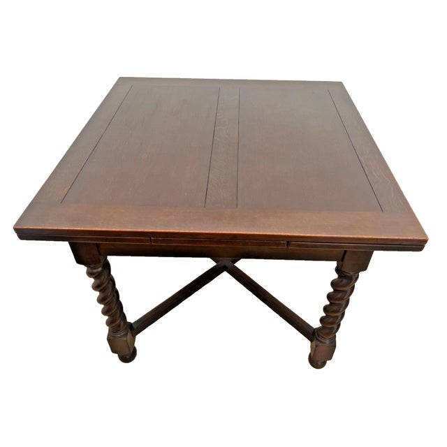 Antique Expanding Pub Kitchen Table Barley Twist Legs Quarter Sawed Dark Oak For Sale - Image 4 of 12