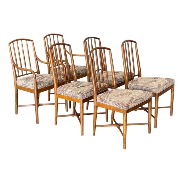 MCM Spindle Back Walnut Dining Chairs in the Style of Seven Robsjohn-Gibbings- Set of 6, Mid Century Modern For Sale