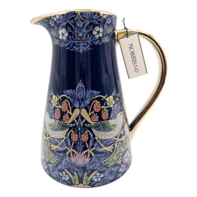 Morris & Co. Strawberry Thief Porcelain Pitcher With a Stunning Navy & Gold Motif For Sale