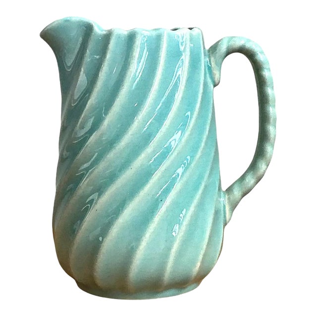 Vintage Aqua Swirl Ceramic Pitcher For Sale