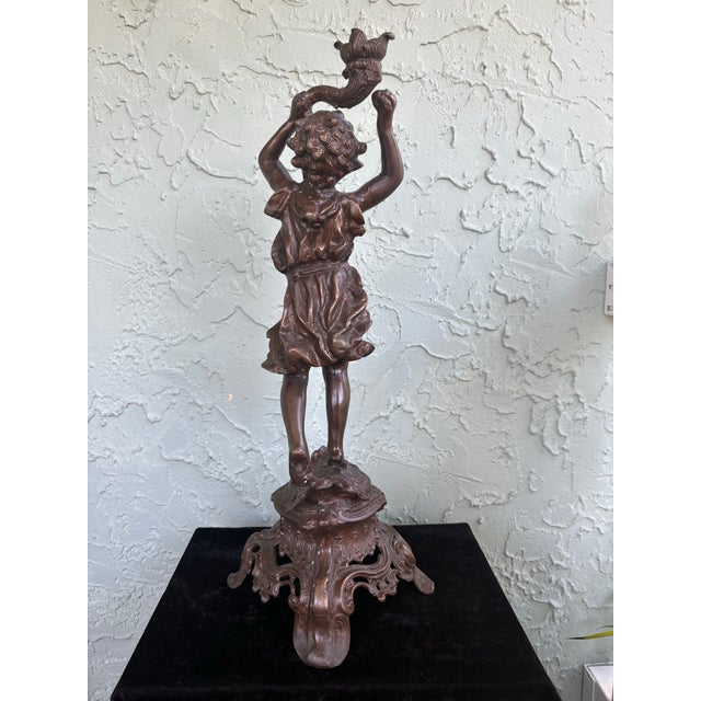 Bronze Antique-Style Figural Cherub Candle Holder in Cast Metal With Rococo Base 19.5” For Sale - Image 8 of 12