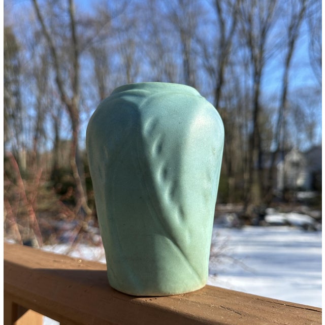 Ceramic Vintage Van Briggle Turquoise Leaf Pattern Vase #859 – Ombre Ming Blue to Green, Circa 1920s For Sale - Image 7 of 10