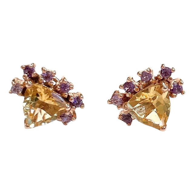Bochic “Orient” Lemon Topaz Trillions & Amethyst Earrings Set 18K Gold & Silver For Sale