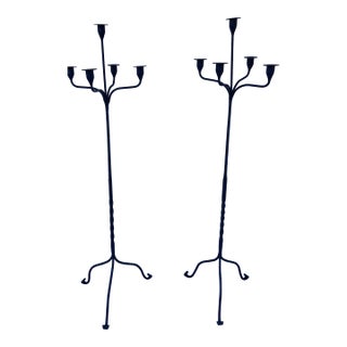 Antique Hand Forged Wrought Iron Candelabras Floor Candle Stands - A Pair For Sale
