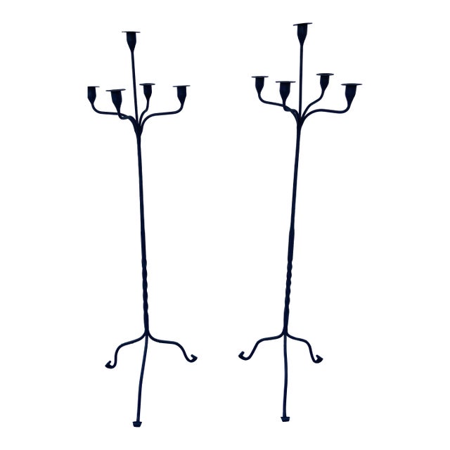 Antique Hand Forged Wrought Iron Candelabras Floor Candle Stands - A Pair For Sale