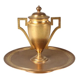Antique Inkwell in Gilded Bronze Desk Pen Tray For Sale