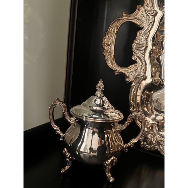 1980s Beautiful Silverplated Coffee/Tea Set With Ornate Tray - 7 Pieces For Sale - Image 9 of 9