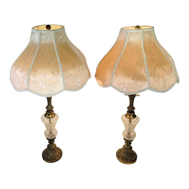 1950s Hollywood Regency Cut Glass and Brass Lamps - A Pair For Sale