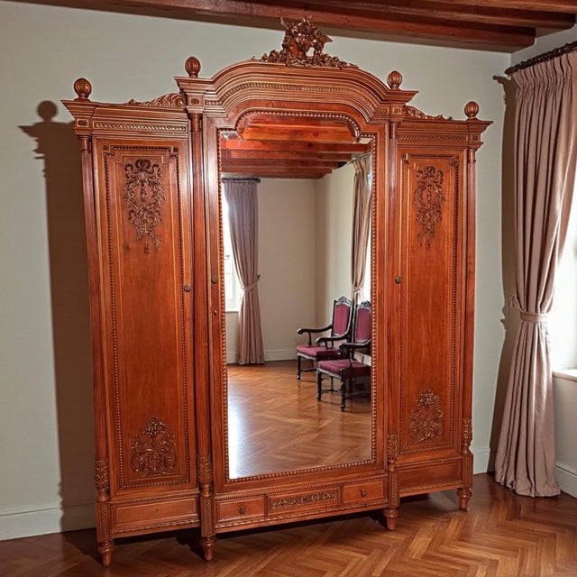 19th Century Louis XVI French Walnut Wood Antique Triple Mirrored Armoire Hutch For Sale - Image 16 of 16