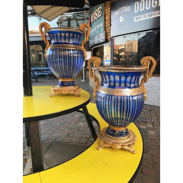 20th Century Bohemian Crystal Urns in Blue, Set of 2 For Sale - Image 6 of 9