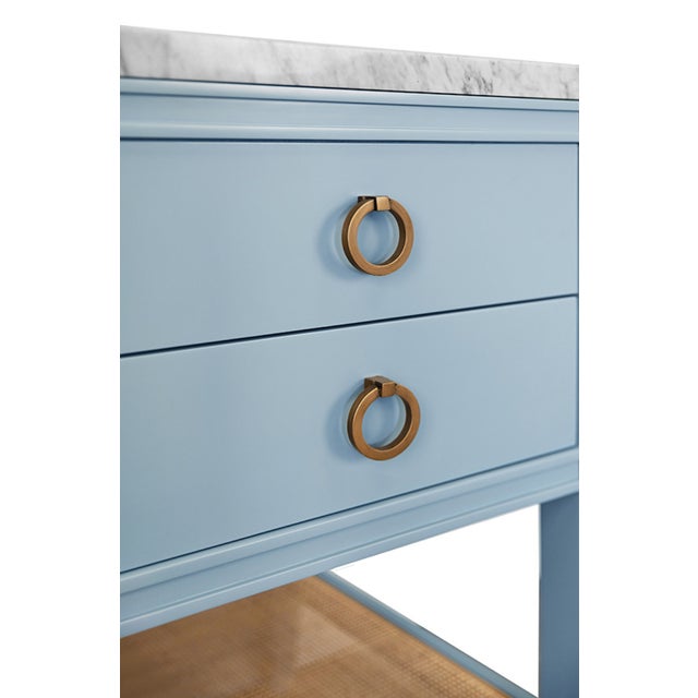Not Yet Made - Made To Order Matthew Izzo Home Cutler 24” Light Blue Two Drawer Single Porcelain Sink Vanity With Open Cane Shelf and Brass Hardware For Sale - Image 5 of 10