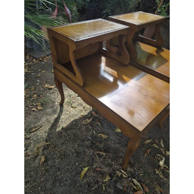 Mid-Century Modern Vintage Stickley Mid-Century Two-Tier Leather Top Step End Tables - A Pair For Sale - Image 3 of 17