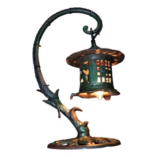 Edwardian Art Nouveau Brass Table Lamp with Hand-Moulded Glass Shade, 1910 For Sale