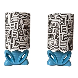 1960s Pair of MCM Turquoise Lamps With Fabric Shades For Sale