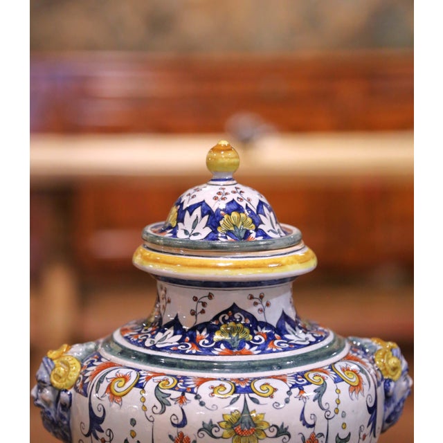 19th Century French Rouen Revival Faience Covered Urn With Ram Masks For Sale In Dallas - Image 6 of 11