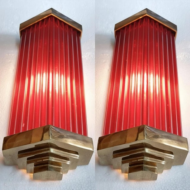 Art Deco Vintage Art Deco Light Old Lamp Wall Sconces Fixture Brass & Red Glass Rod Ship Light - Pair For Sale - Image 3 of 5