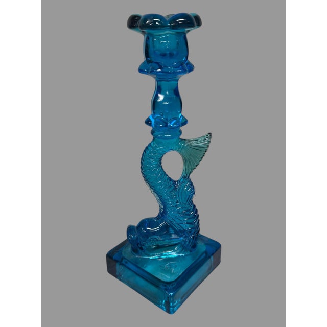 Vintage Cobalt Blue Figural Dolphin Pressed Glass Candlestick For Sale - Image 10 of 10