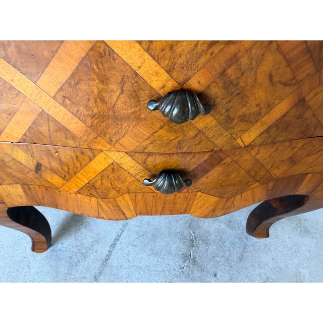 Vintage Italian Burl Olive Wood Parquetry Two-Drawer Miniature Chest With Shell-Form Handles For Sale - Image 4 of 12