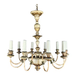 1930s Italian Painted Wood & Wrought Iron 10-Light Chandelier For Sale