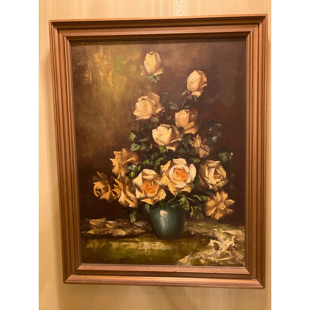 Mid-Century Modern Kant Vintage Mid-Century Modern Oil Painting Yellow Flowers Green Vase Framed Signed 27”l X 21”w For Sale - Image 3 of 4