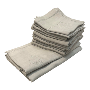 Late 19th Century Wonderful Large French Linen Napkins & Tablecloth - Set of 12