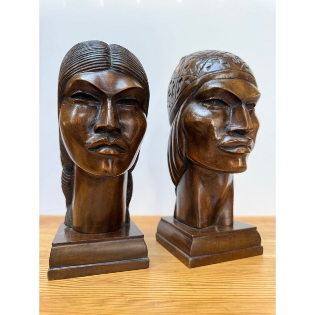 Art Deco Signed Silva Art Deco Carved Wood Busts — Pair For Sale - Image 3 of 11