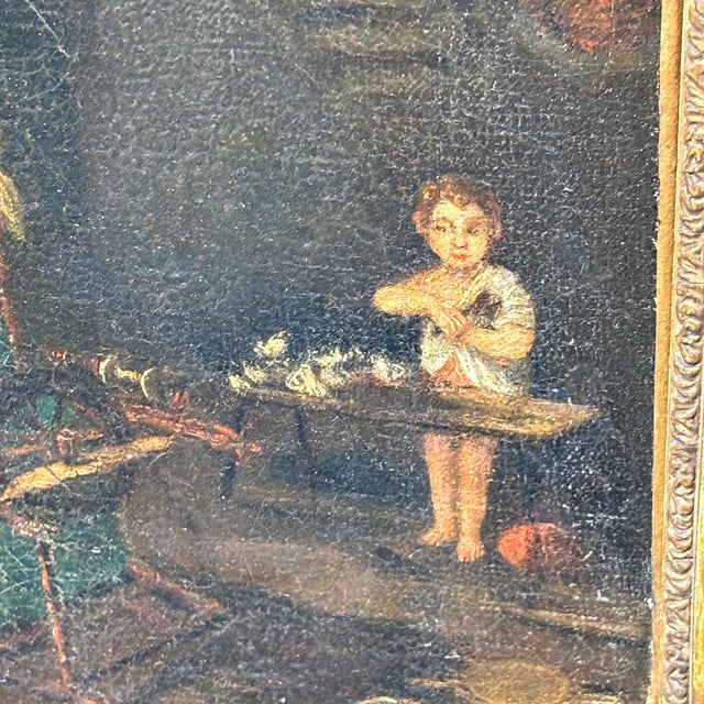 Flemish Artist, Interior Scene of Woman with Spinning Wheel, 1700, Oil on Canvas, Framed For Sale - Image 3 of 12