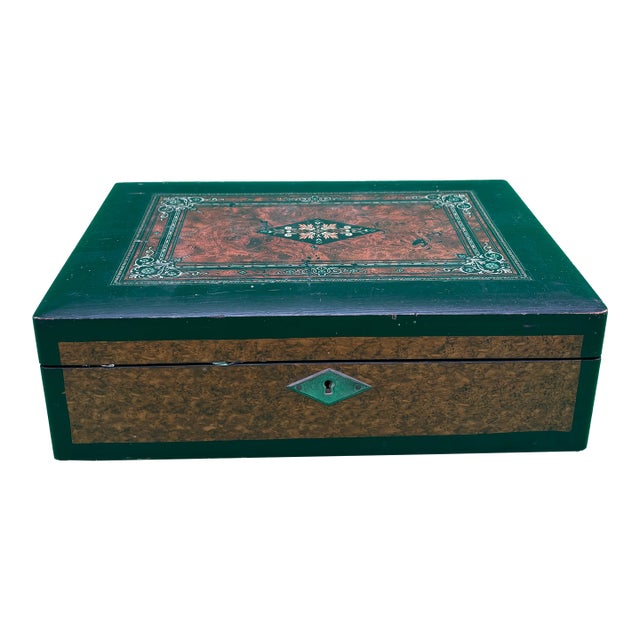 Antique Victorian Writing Slope Lap Desk Portable Box Velvet Interior W/ Key For Sale