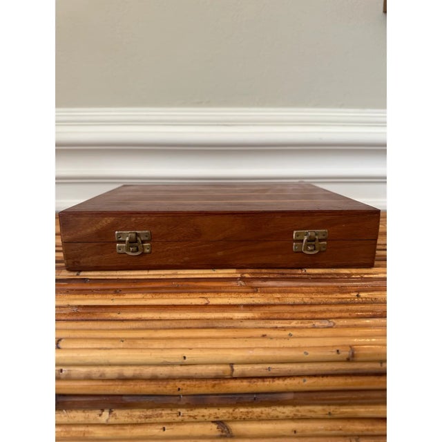Vintage Mid-Century Inlaid Wood & Brass Tabletop Game Set Backgammon, Chess, Dominoes, Dice , Made in England For Sale - Image 12 of 17