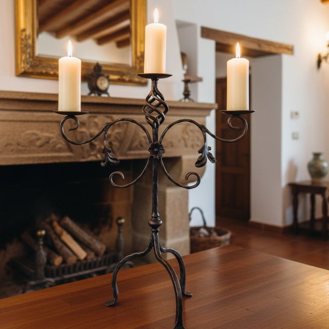 Rustic Hand Forged Iron Candelabra 23.5″ (60cm) Antique Copper Finish Extra Wide & Grand Statement Centerpiece For Sale - Image 3 of 7