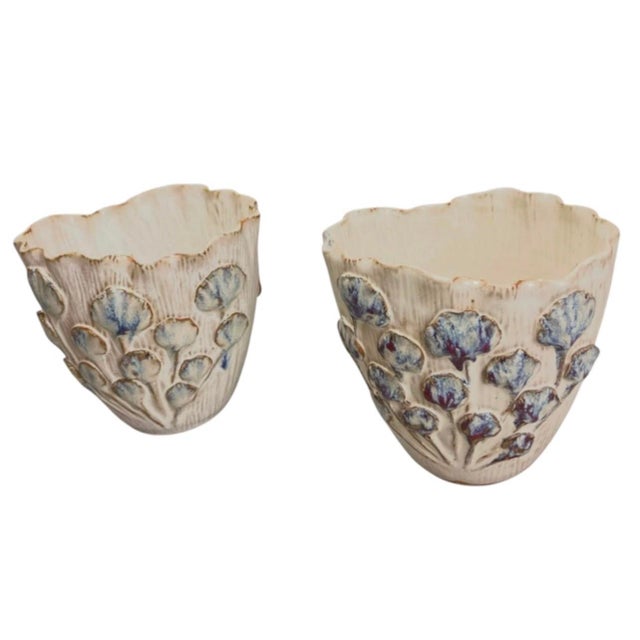Pair of Vintage Italian Ceramic Art Pottery Vases With Relief Leaf Motif For Sale In West Palm - Image 6 of 12