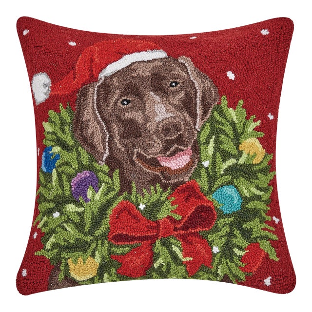 Santa Chocolate Labrador Wreath Hook Pillow 18" x 18" For Sale