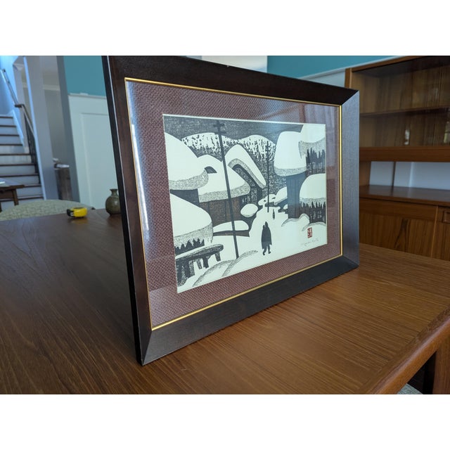 Japanese Signed Kiyoshi Saito "Winter in Aizu" Vintage Woodblock Print — 1970s For Sale - Image 3 of 11