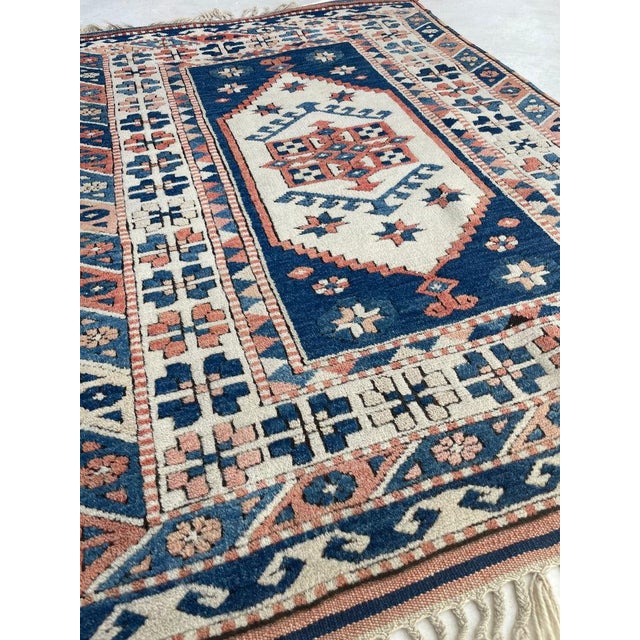 Vintage Turkish Navy, Blush, Apricot, Soft Salmon, Beige with Braided Fringe Rug 3.5 x 5.8 For Sale - Image 4 of 10