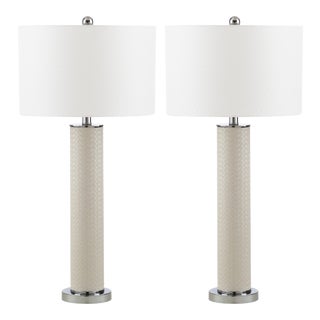 31.5 Inch H Faux Woven Leather Table Lamp in Cream - a Pair For Sale