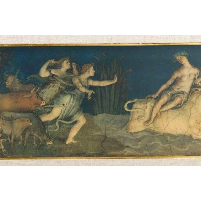 Vintage cromolithograph print applied on plywood, realized after a 1508 fresco by Baldassarre Peruzzi, now hosted in Villa...