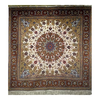 Vintage Persian Tabriz Square Area Rug, Hand-Knotted Wool & Silk, Fine Medallion Floral Pattern, Ivory & Brown, 7x7 For Sale