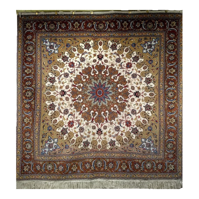 Vintage Persian Tabriz Square Area Rug, Hand-Knotted Wool & Silk, Fine Medallion Floral Pattern, Ivory & Brown, 7x7 For Sale