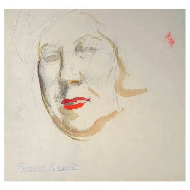 Albert Fernand-Renault, Portrait, Pencil & Watercolor Drawing, 1950s For Sale