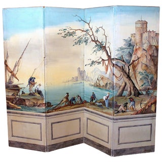 Early 20th Century French Tempera on Canvas Folding Screen with Seascape View For Sale