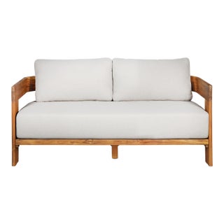 Paradiso Outdoor Solid Teak Wood Love Seat - Gray Fabric For Sale