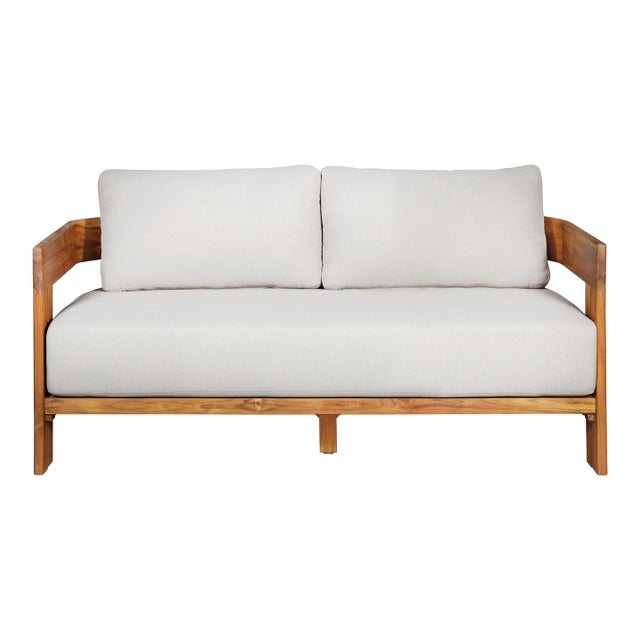Paradiso Outdoor Solid Teak Wood Love Seat - Gray Fabric For Sale