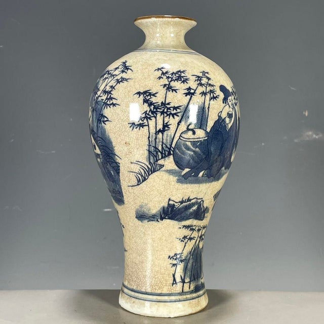 Ceramic Chinese Blue & White Crackle Glaze Porcelain Vase With Figural Scene For Sale - Image 7 of 9